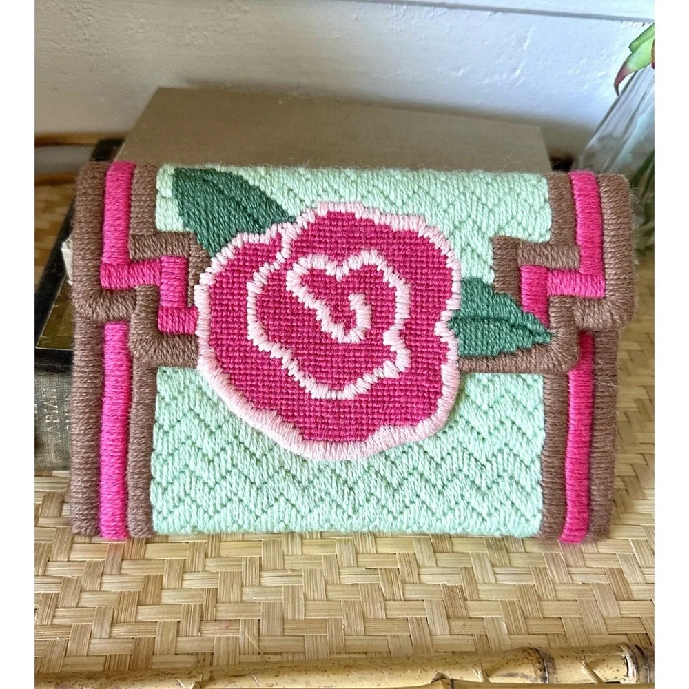 Vintage Handmade Knit Clutch with Rose Design